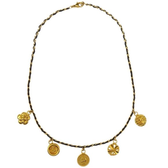 Chanel Icon Gold Black Leather Chain Necklace - Picture 1 of 4